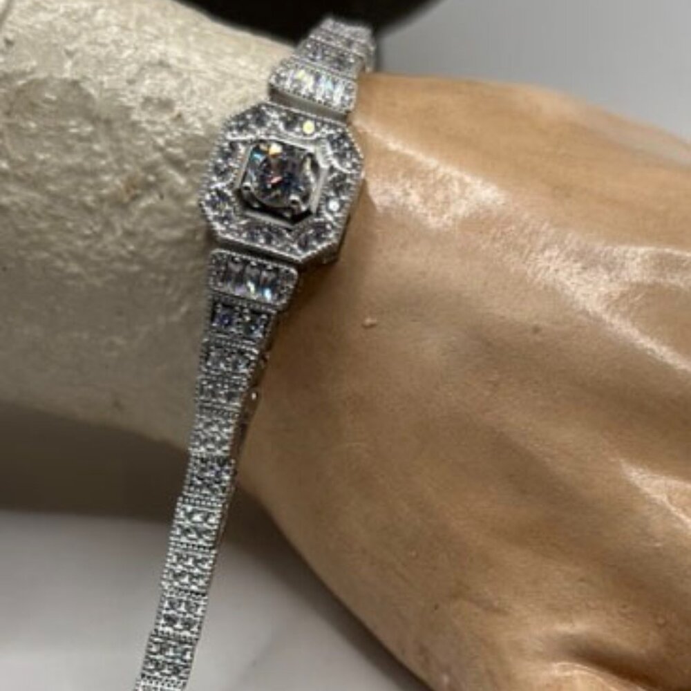 New MOISSANITE Silver Plate Victorian Style Bracelet! 6-¾"